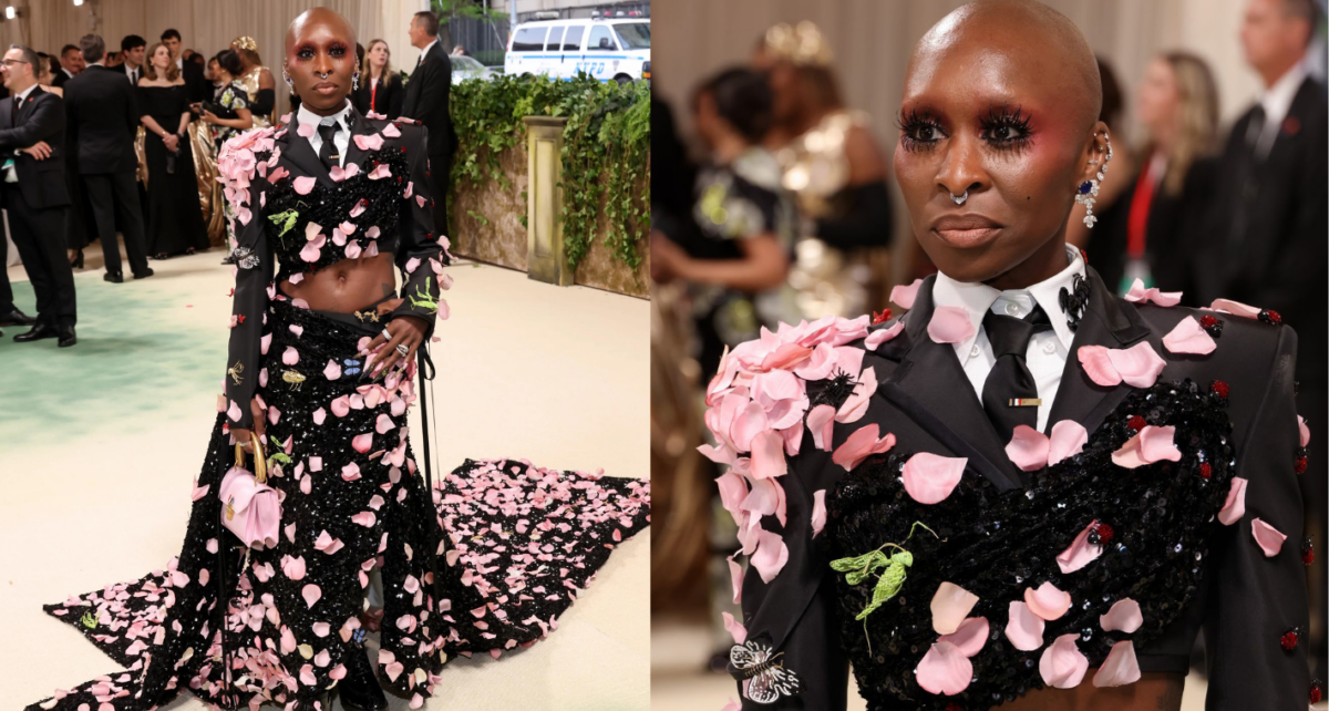 Cynthia Erivo in Thom Browne's tuxedo covered in pink flower petals
