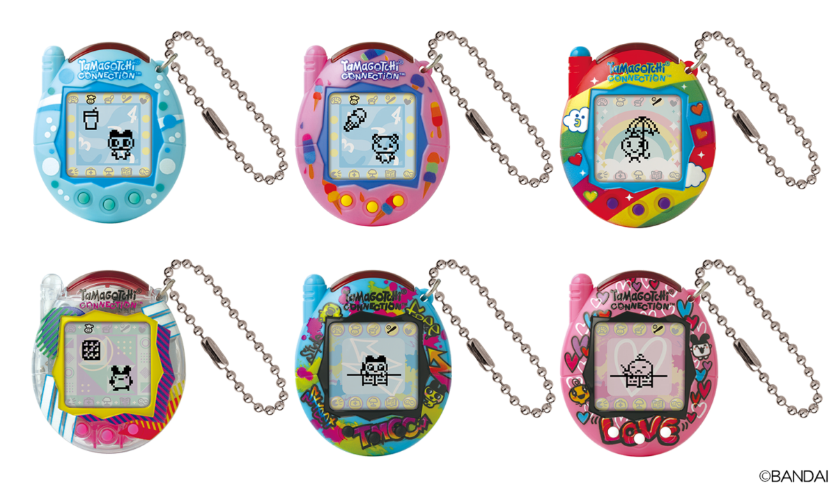 Tamagotchi Connection comes in 6 colours: Ice Cream, Bubbles, Rainbow Sky, Clear Retro, Blue, and Pink Graffiti