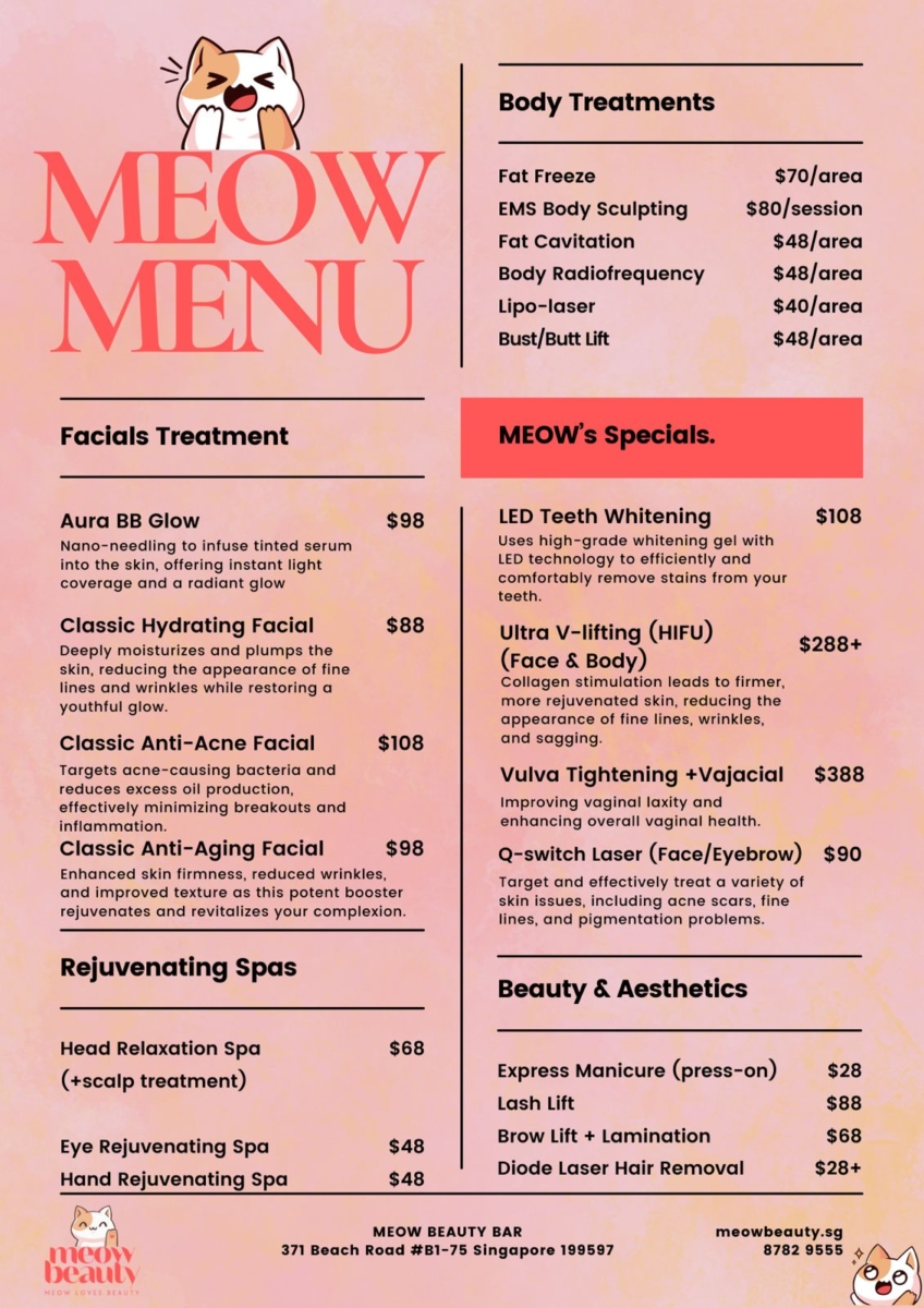 Beauty treatments menu
