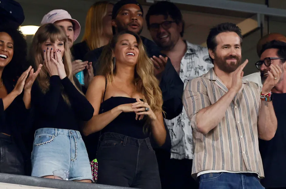 Taylor Swift, Blake Lively, and Ryan Reynolds at the New York Jets vs. Kansas City Chiefs game at MetLife Stadium in East Rutherford, New Jersey last October