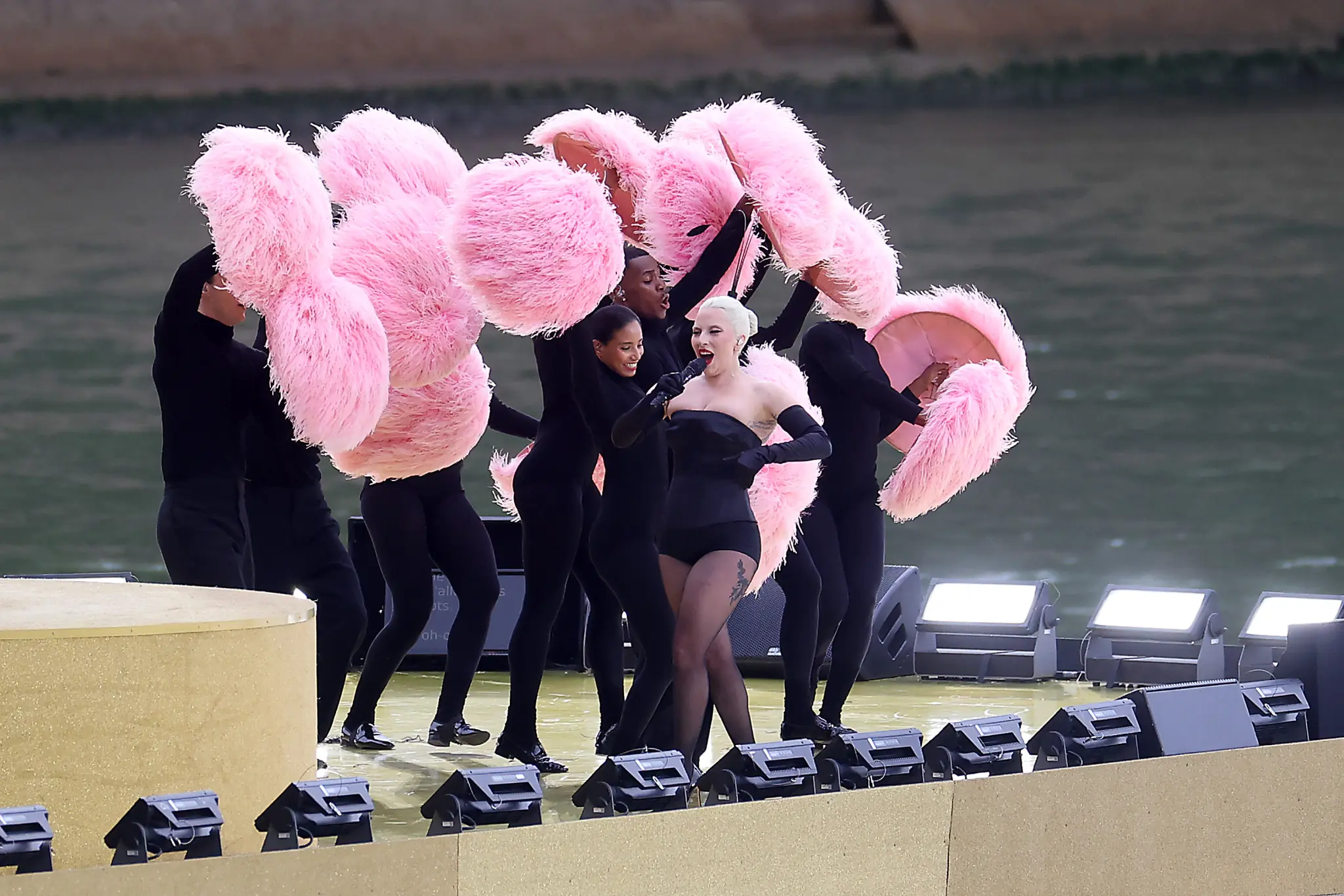 Lady Gaga performing at the 2024 Paris Olympics opening ceremony on 26 July