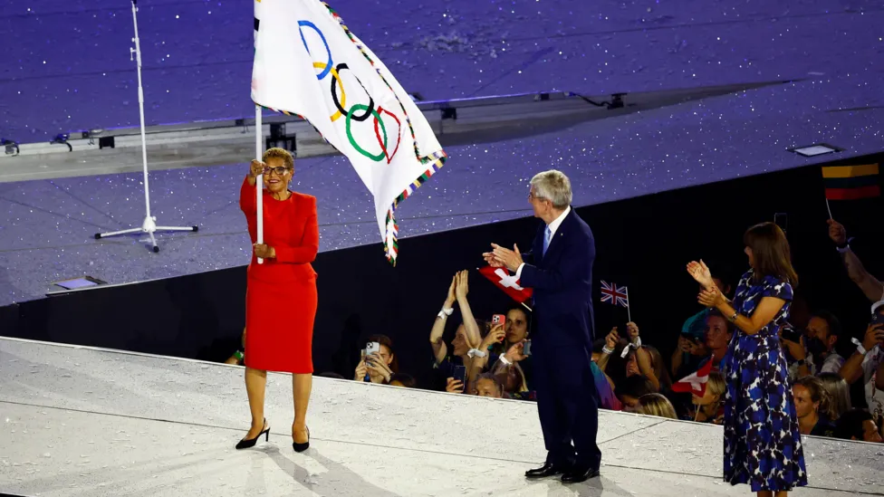 Karen Bass, mayor of Los Angeles, accepted the Olympic flag as the city gets ready for the 2028 Games