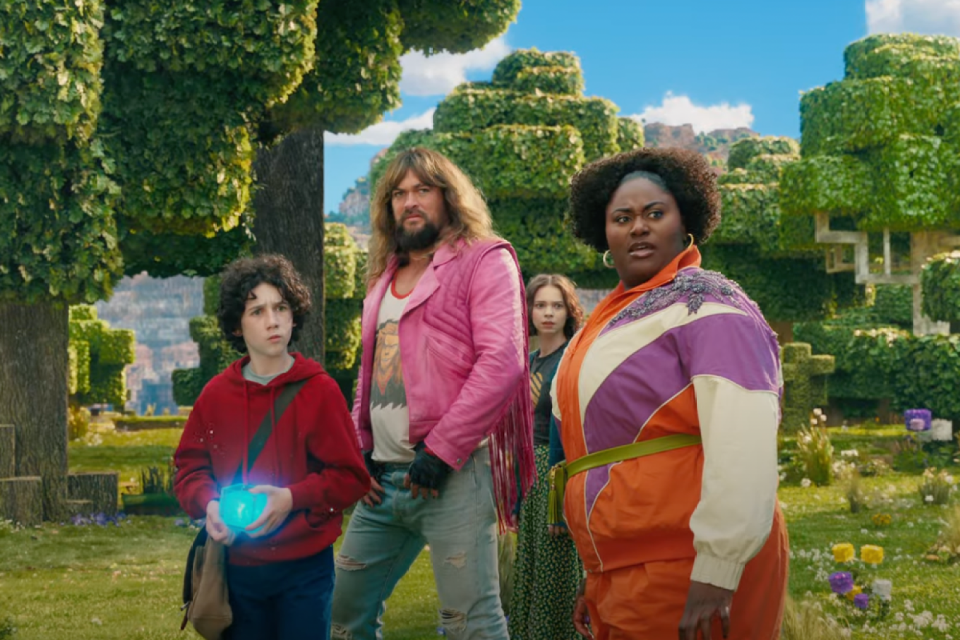 Jason Momoa, Emma Myers, Danielle Brooks, and Sebastian Eugene Hansen in A Minecraft Movie