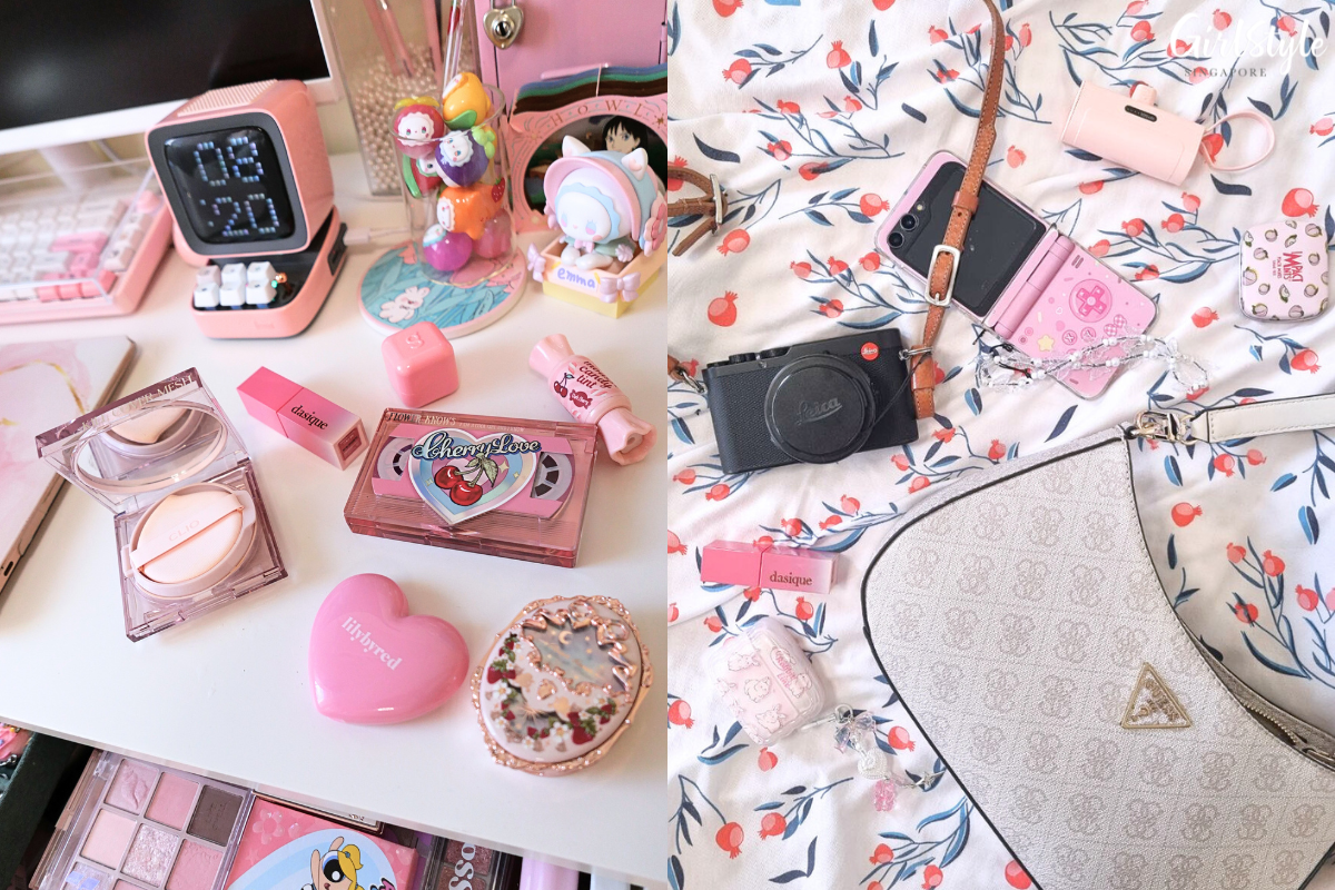 Makeup flatlay, shot on Leica D-lux 8 & the D-Lux 8 with other contents of my bag