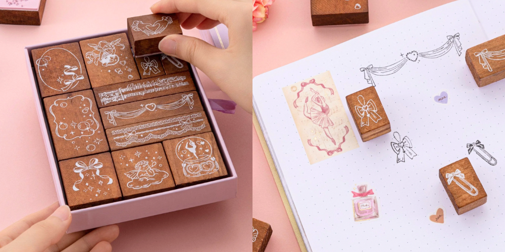 The Tsuki ‘Sweet Ballet’ Bullet Journal Stamp Set includes 12 wooden stamps