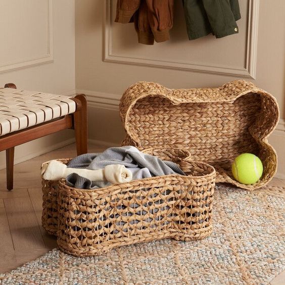 Get a wicker or a canvas basket to store your pets' toys