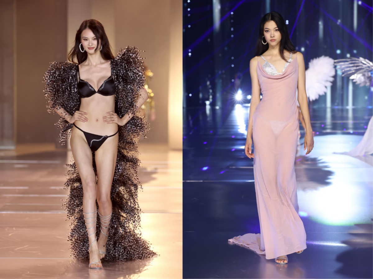 He Cong and Mika Schneider walk the runway during Victoria's Secret Fashion Show 2024