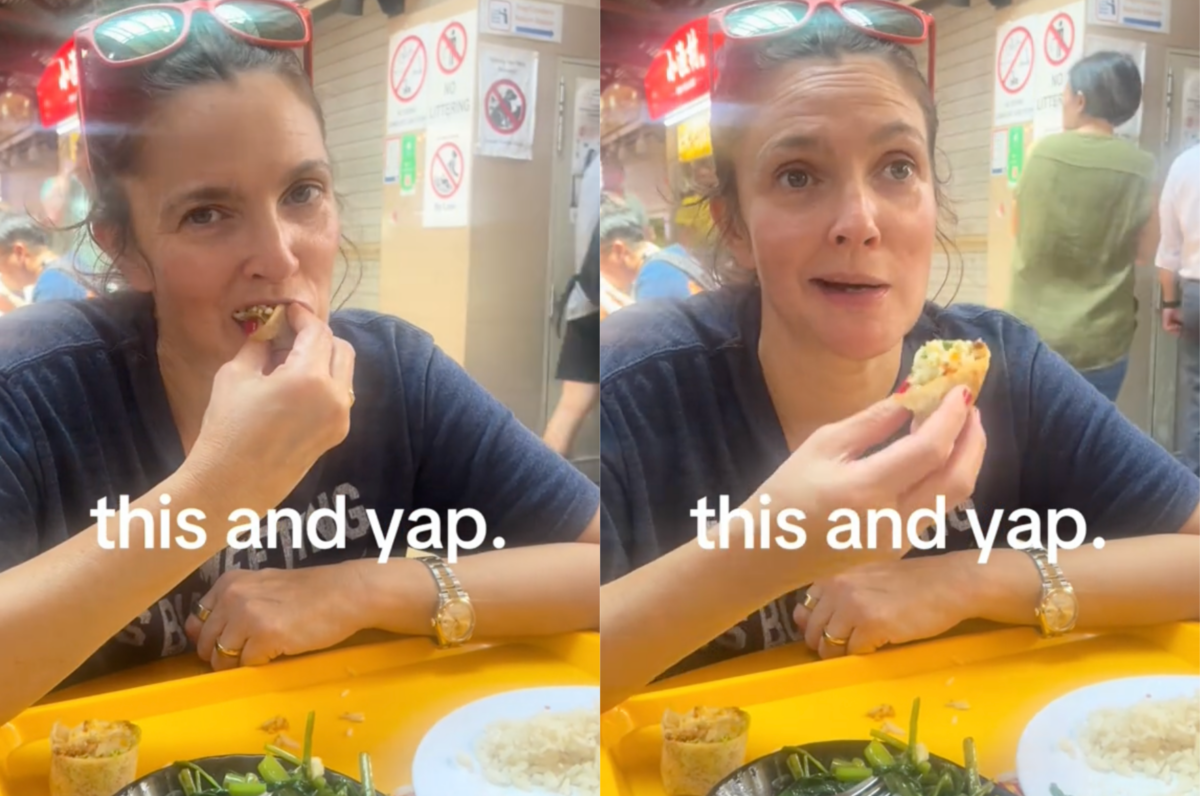 Drew Barrymore having popiah at Maxwell Food Centre