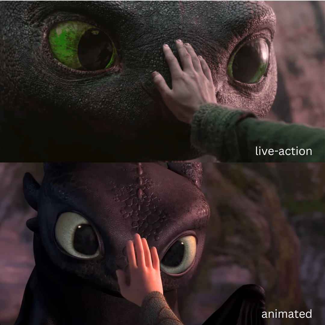 A comparison of Toothless' design in the live-action and animated 'How to Train Your Dragon'