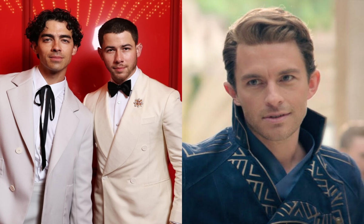 From left, Joe Jonas, Nick Jonas, and Jonathan Bailey