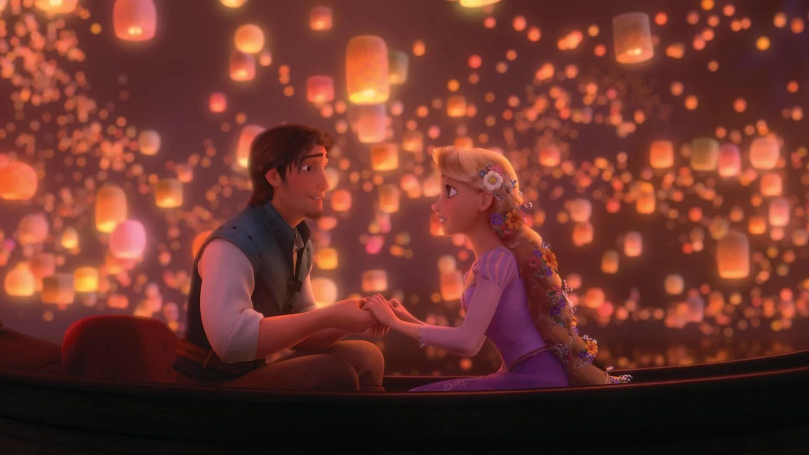 Flynn Rider and Rapunzel at the floating lantern scene in 'Tangled'