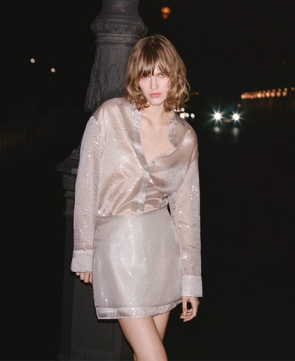 Semi-Transparent Sequined Shirt + Sequin Miniskirt