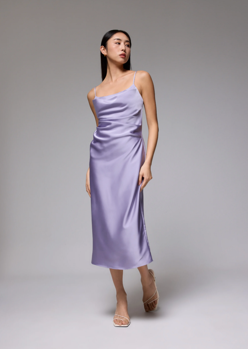 Esme Padded Satin Column Drape Midi Dress