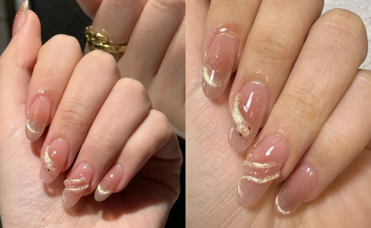 Nude nails with a glittery snake twist
