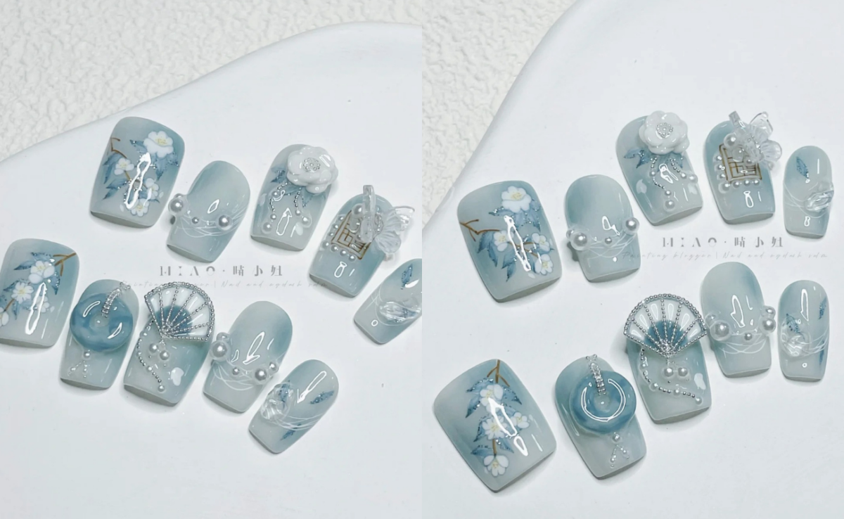 Elegant blue jade & butterfly nails