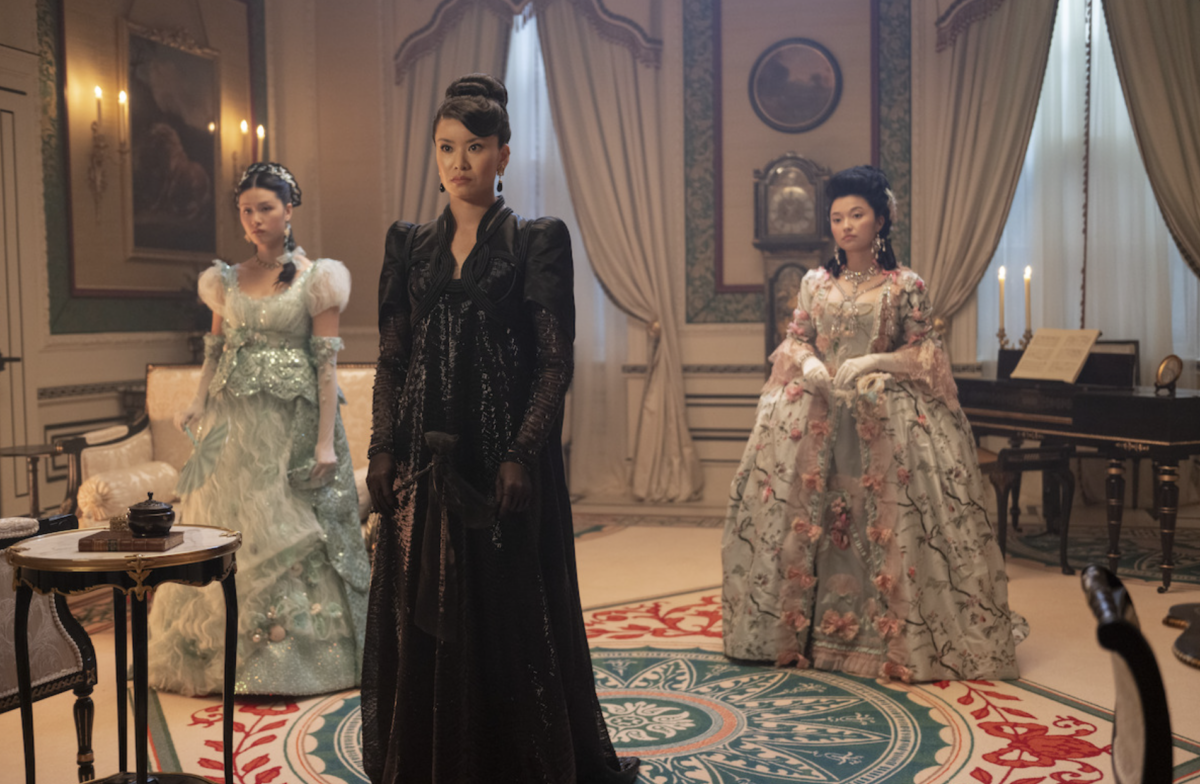 From left: Isabella Wei as Posy Li, Katie Leung as Lady Araminta Gao, and Michelle Mao as Rosamund Li in Bridgerton Season 4