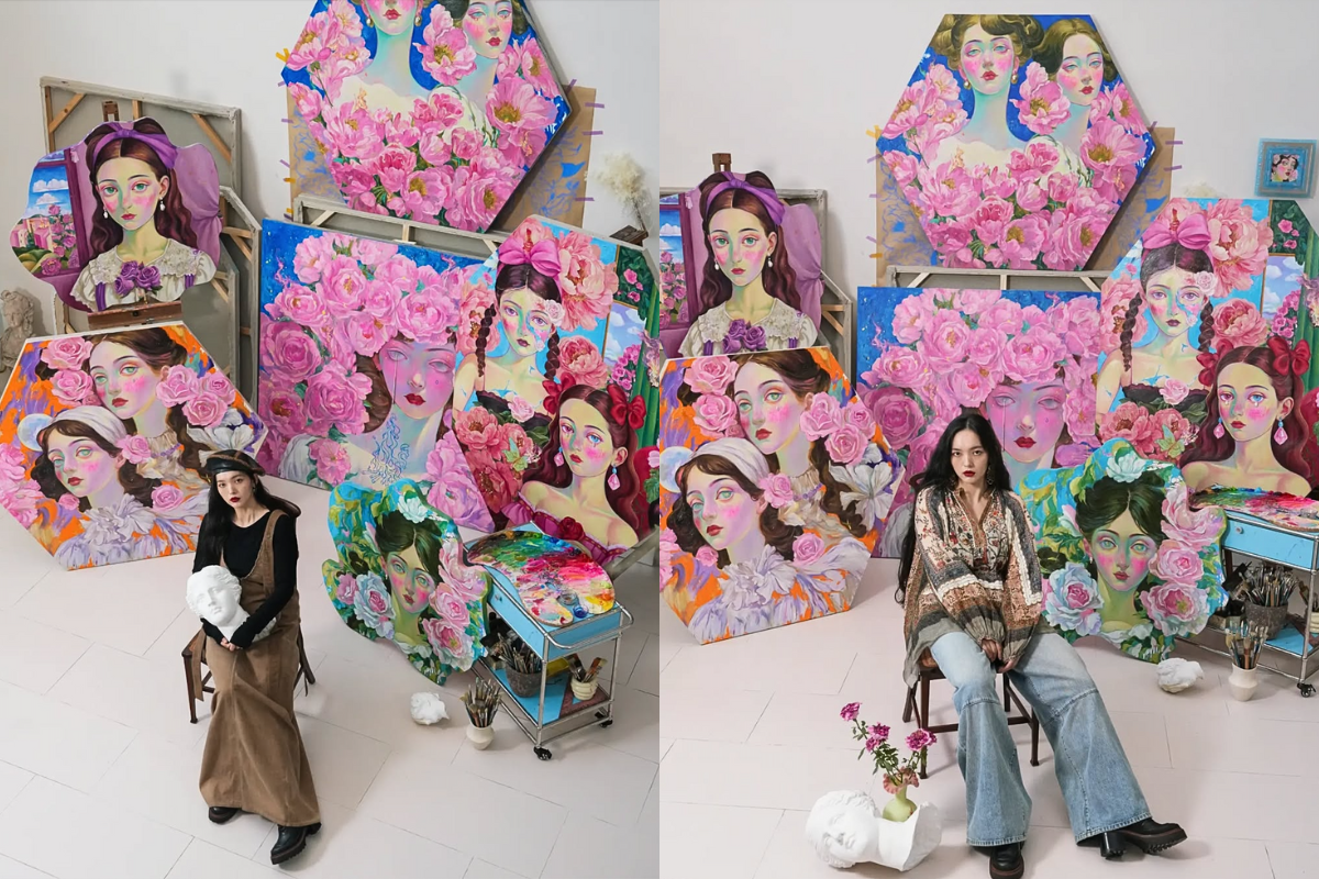 Zhao Xiaoli with her works