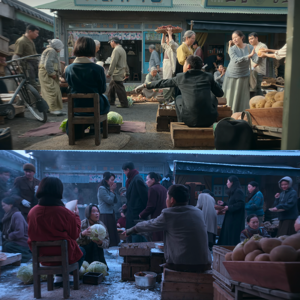 Gwan-sik (Park Bo-gum) selling Ae-sun's (IU) cabbages throughout the four seasons