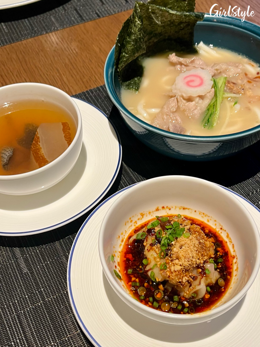 Wagyu Udon, Szechuan Prawn Wanton, and Double Boiled Black Chicken Soup with Old Cucumber