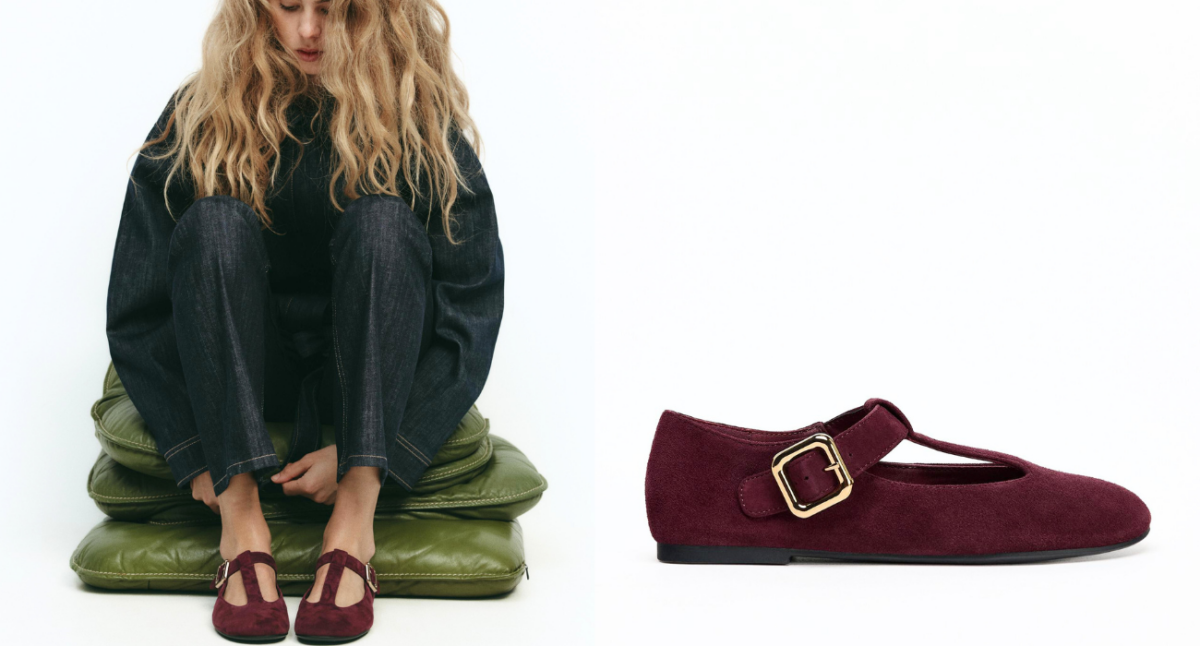 Suede Buckle Ballerina Shoes - Burgundy Red, S$65.90