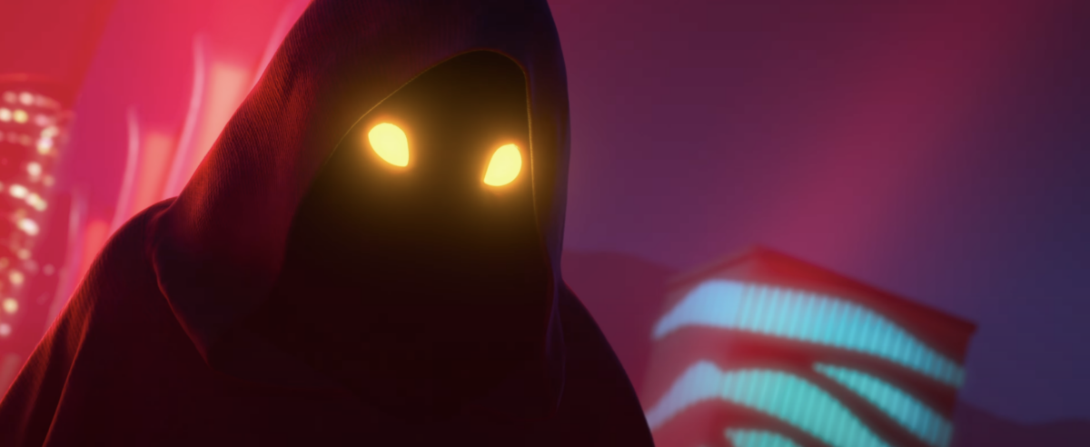 A mysterious cloaked figure with glowing eyes in Zootopia 2