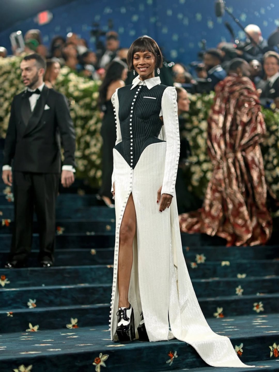 Zoe Saldana in Thom Browne tuxedo gown at the Met Gala 2025