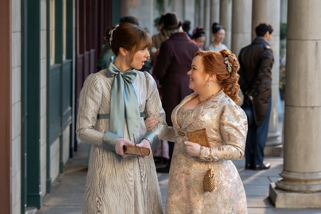 Claudia Jessie and Nicola Coughlan in Bridgerton Season 4
