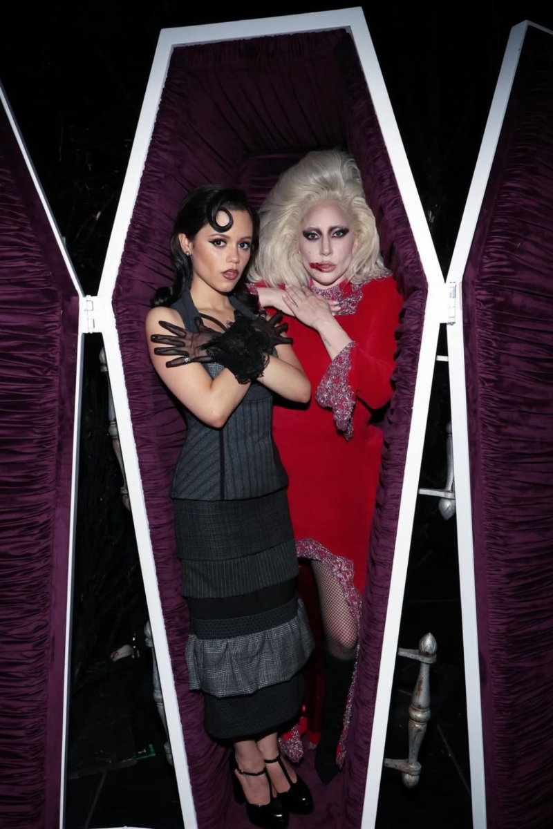 Lady Gaga and Jenna Ortega posing at the Netflix Tudum 2025