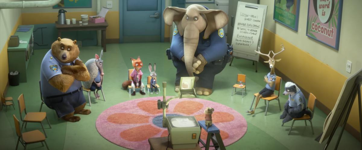 Officers from the Zootopia Police Department attend the 'Partners in Crisis' therapy session in the trailer for Zootopia 2