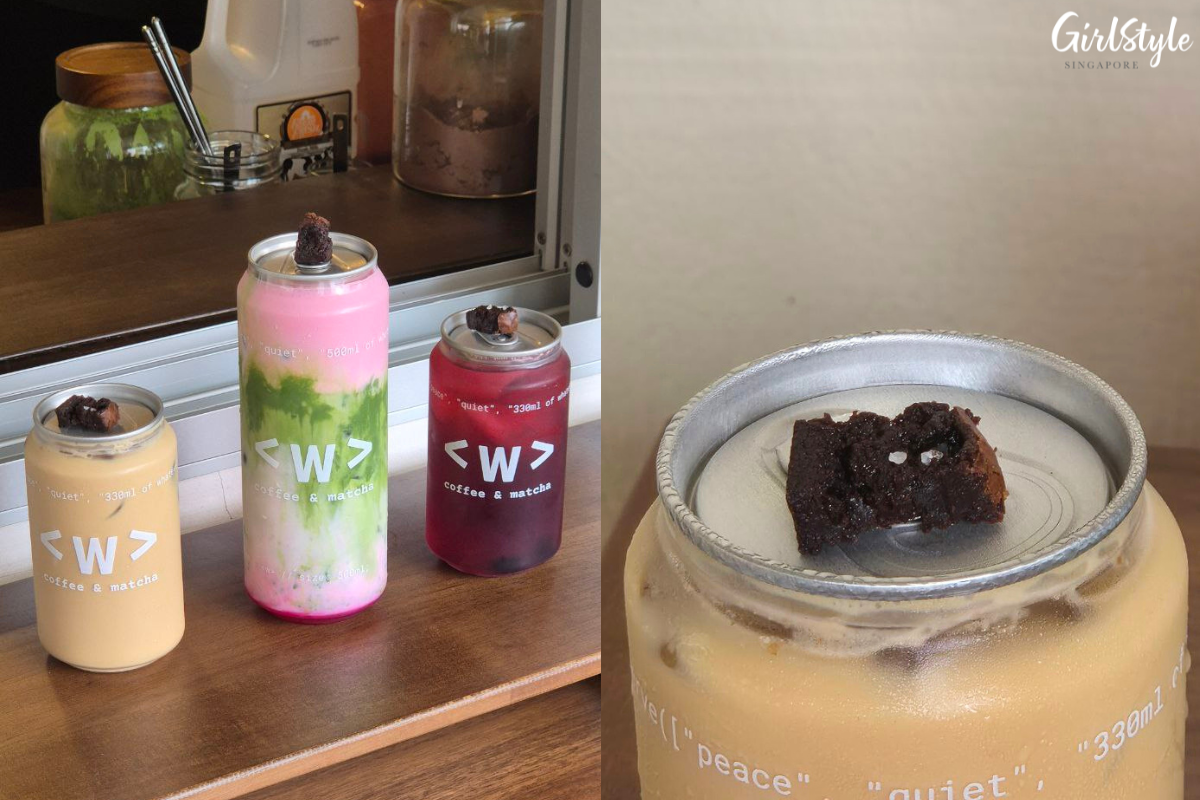Drink cans topped with a brownie bite