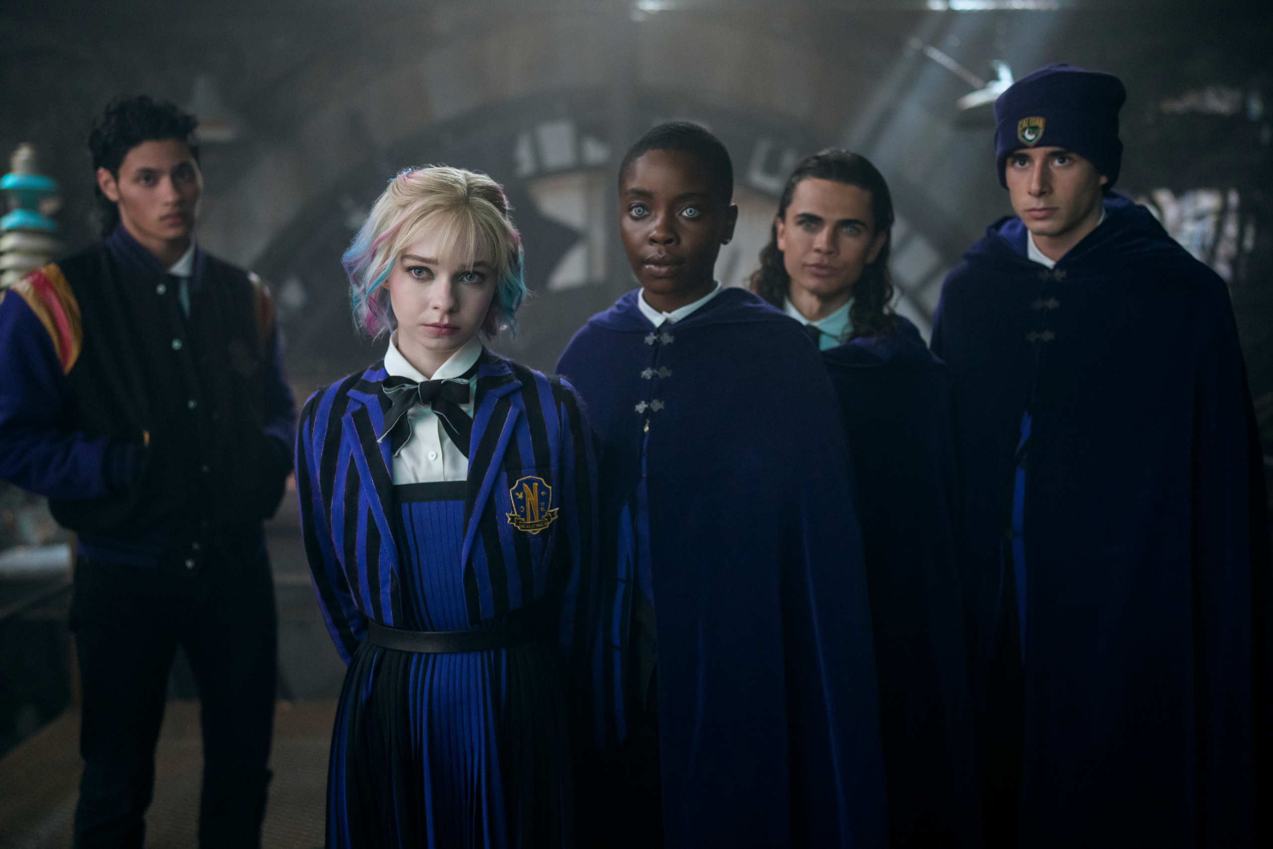 From left: Noah B. Taylor as Bruno, Emma Myers as Enid, Joy Sunday as Bianca, Oliver Watson as Kent, Georgie Farmer as Ajax