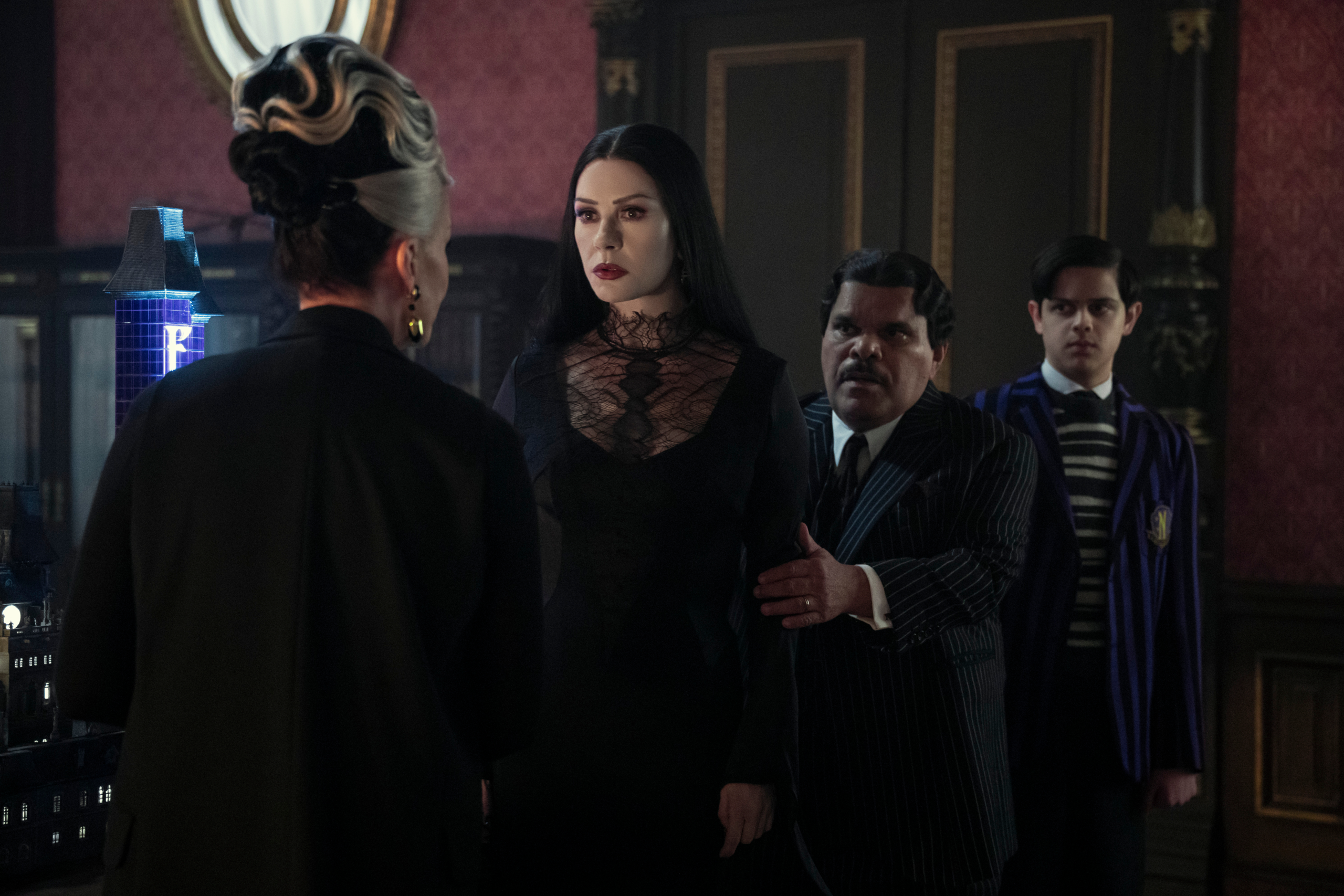 From left: Joanna Lumley as Grandmama, Catherine Zeta-Jones as Morticia Addams, Luis Guzmán as Gomez Addams, Isaac Ordonez as Pugsley Addams