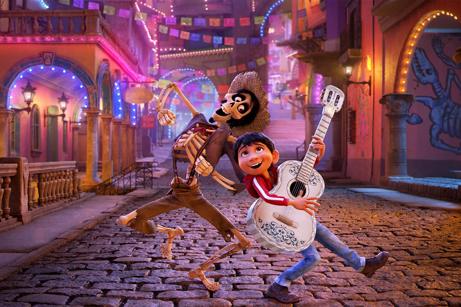 Hector (voiced by Gael Garcia-Bernal) and Miguel (Anthony Gonzalez) in a scene from 'Coco'