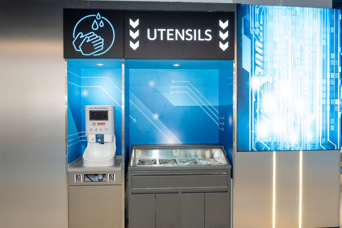 UV-sterilised cutlery caddies and touchless handwashing stations