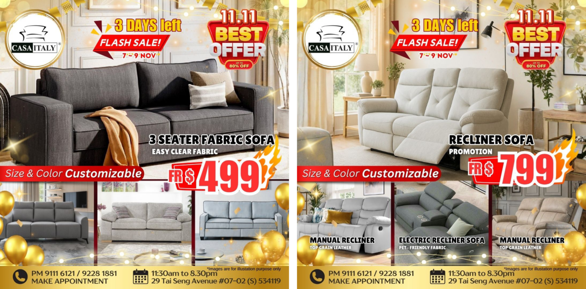 Casa Italy 11.11 Super Sale - 3 Seater Fabric Sofas and Recliner Sofas