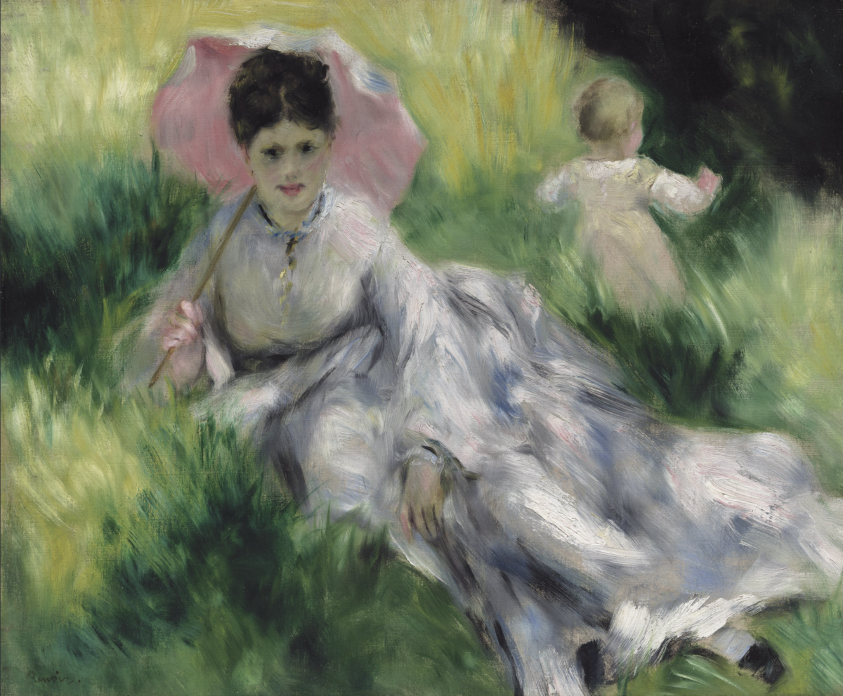 Woman with a Parasol and Small Child on a Sunlit Hillside by Pierre-Auguste Renoir