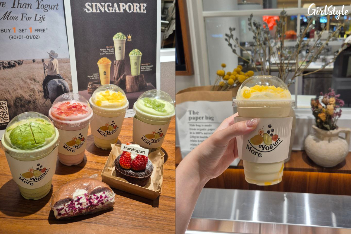 Almond Avocado Yogurt Shake ($7.90), Strawberry Yogurt Shake ($9.90), Mango Yogurt Shake ($6.90), and Pandan Cendol Yogurt Smoothie ($6.90).