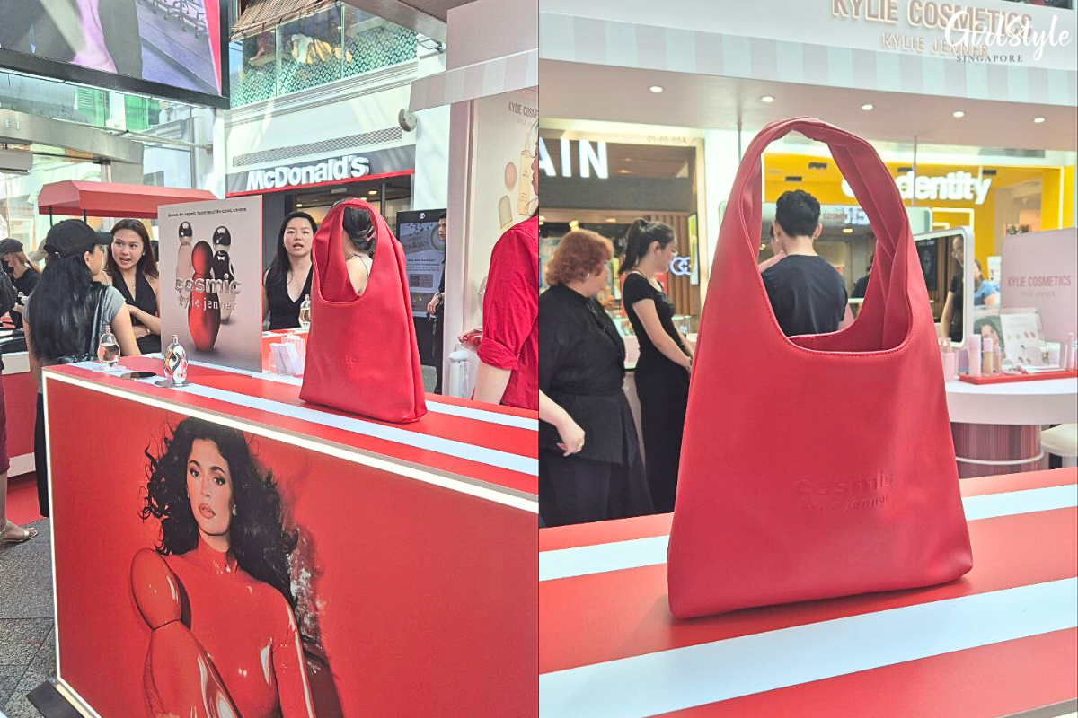 Red handbag (complimentary with purchase of perfume)