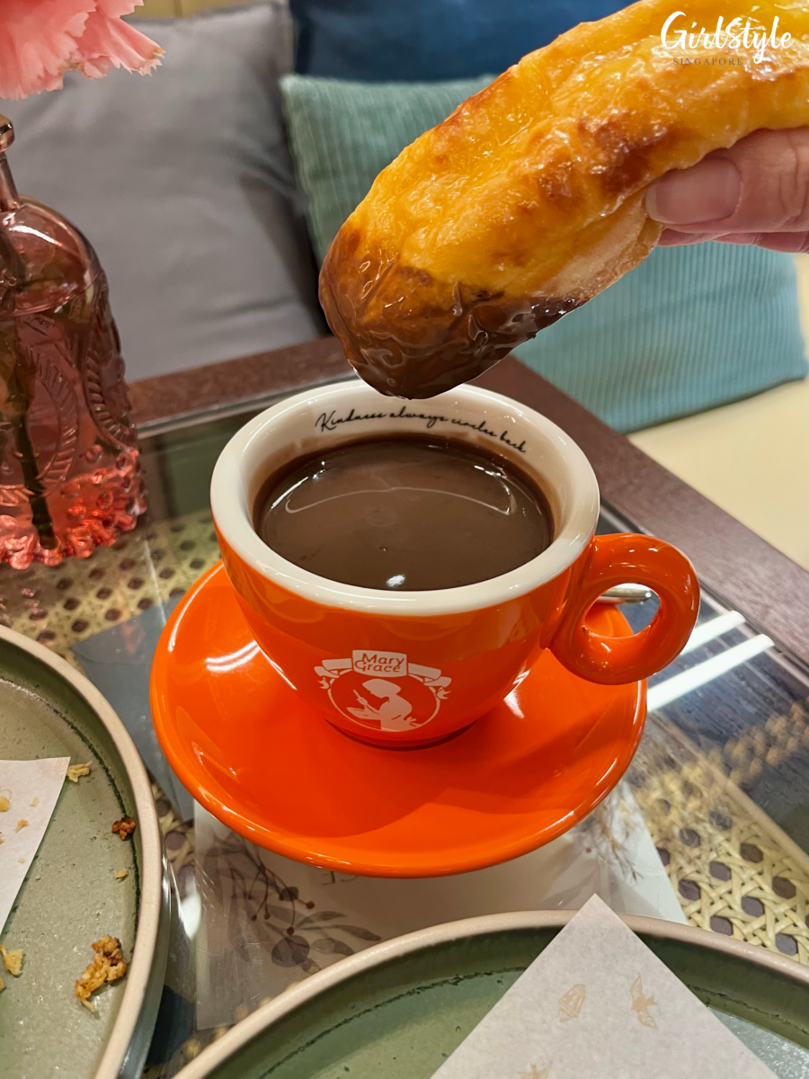 Mary Grace Cheese Roll dipped in Hot Chocolate