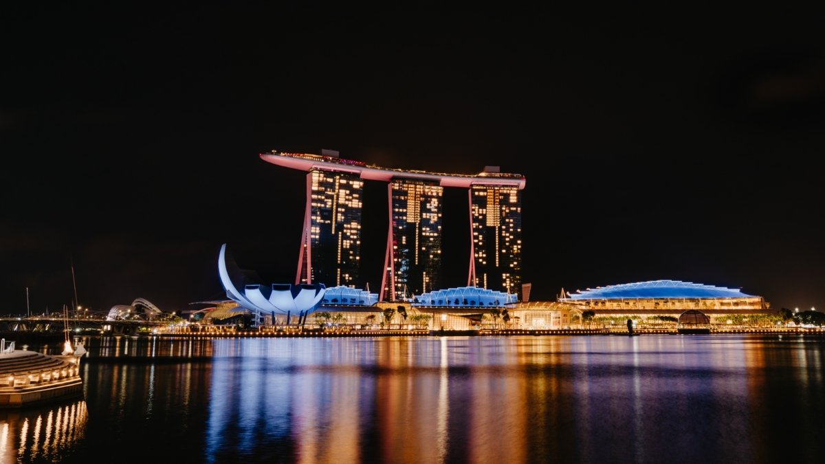 Marina Bay Sands facade lit up in SEVENTEEN-themed colours