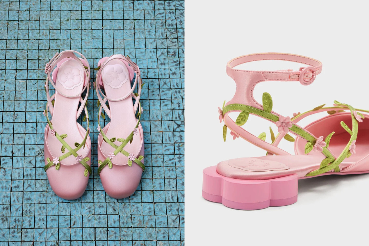 Floral-Vine Ankle-Strap Flats