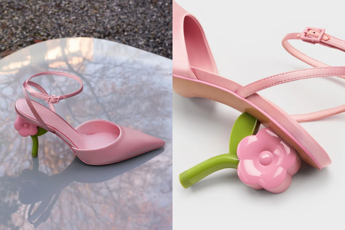 Pointed Flower-Heel Ankle-Strap Pumps