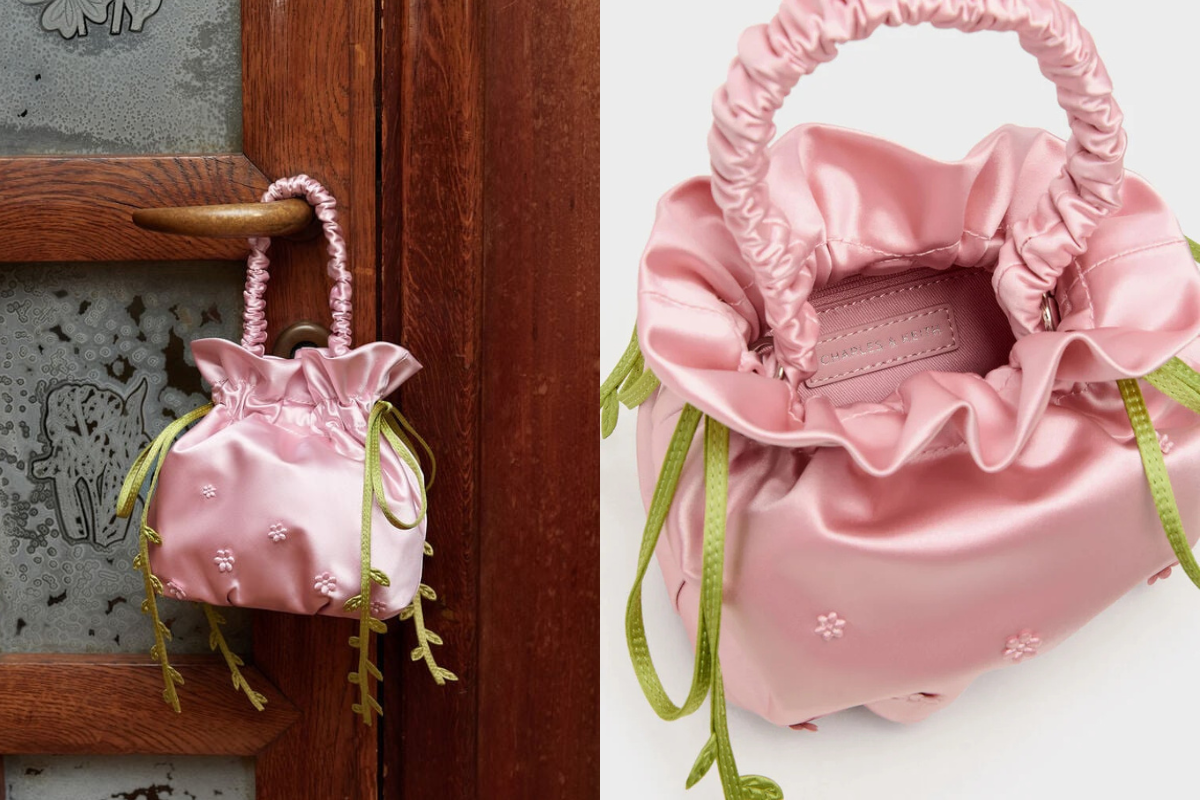 Mabel Satin Floral-Vine Bucket Bag