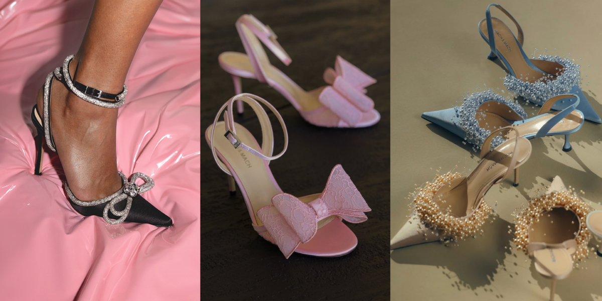 Mach & Mach Double Bow Satin Pumps, Le Cadeau Pink Lace Sandals, Floating Pearl Slingbacks