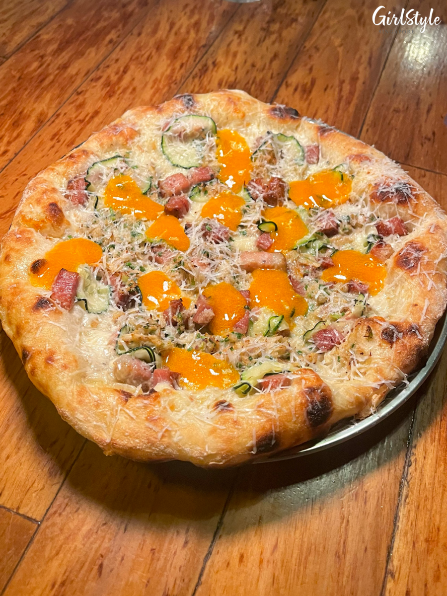 Artichoke Crab-Onara Stone Baked Round pizza