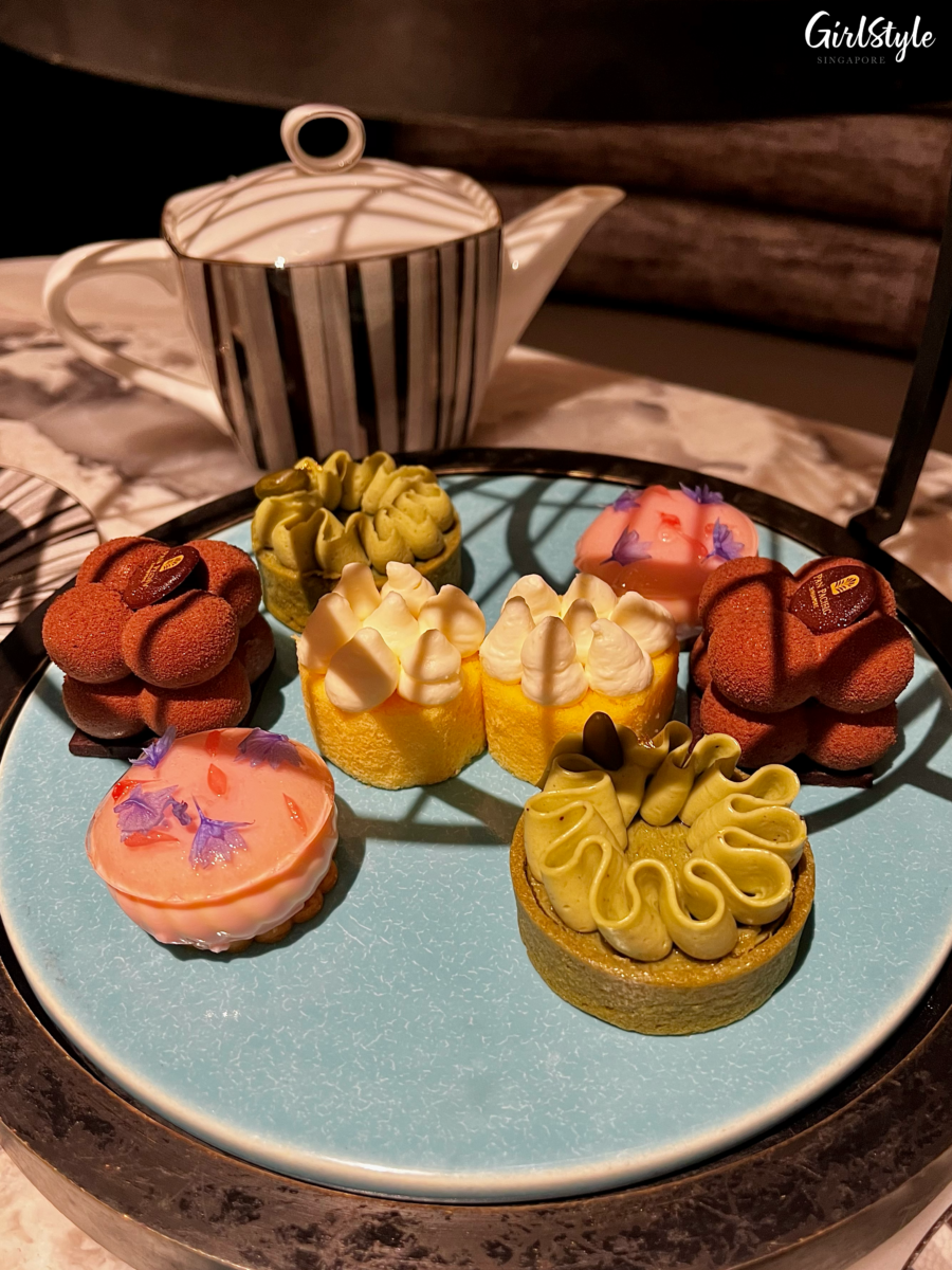 Raspberry Hazelnut Royaltine, Pink Grapefruit Mint Gâteau, Pistachio Kunafe-style Tart, Corn Roulade