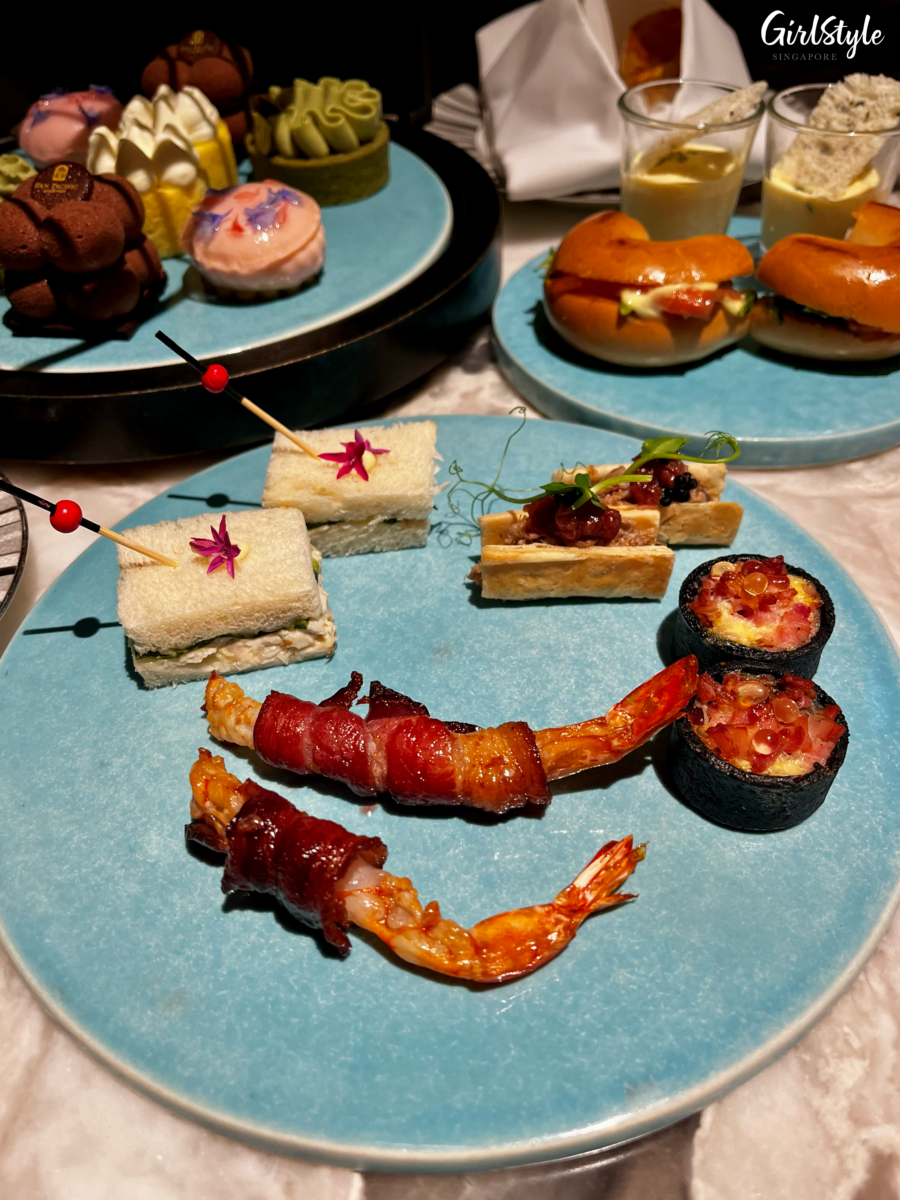 Bacon-wrapped Shrimp, Duck Rillettes Mille-feuille, Virginia Ham Quiche, and Chicken Tea Sandwich