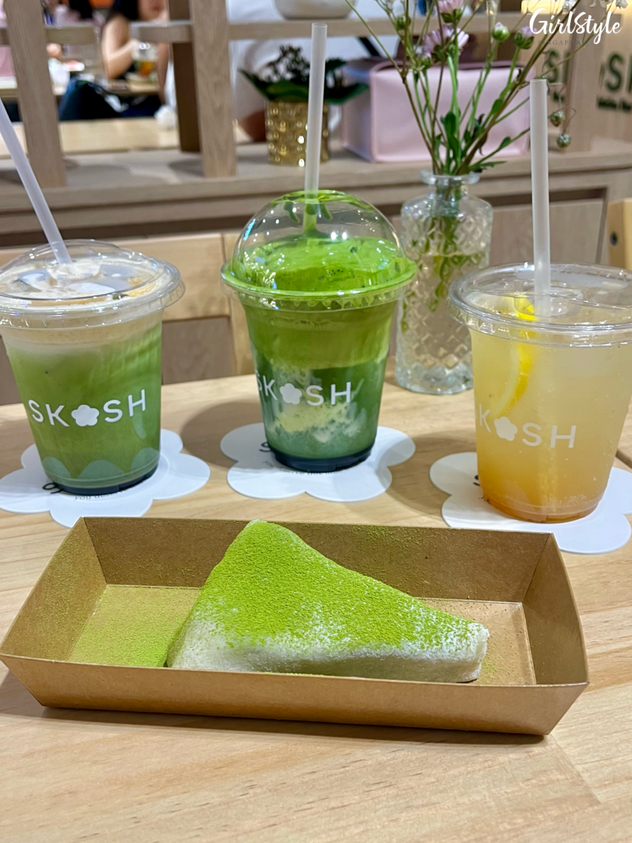 kinako matcha, matcha parfait, natural cola, and mochi matcha basque cheesecake at SKOSH Scotts Square